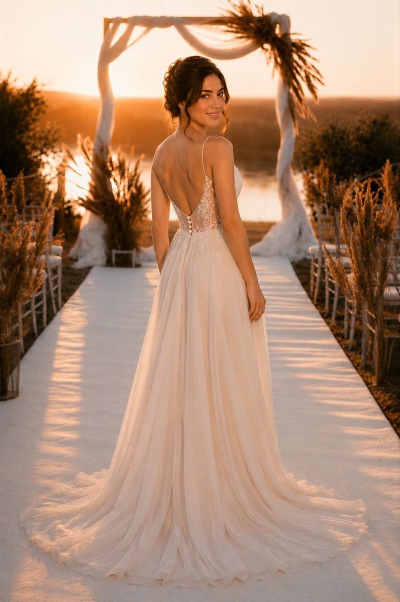 Robe de mariée mousseline fluide, corset perlé — modèle Hélène, showroom MADAMOON Paris 10e