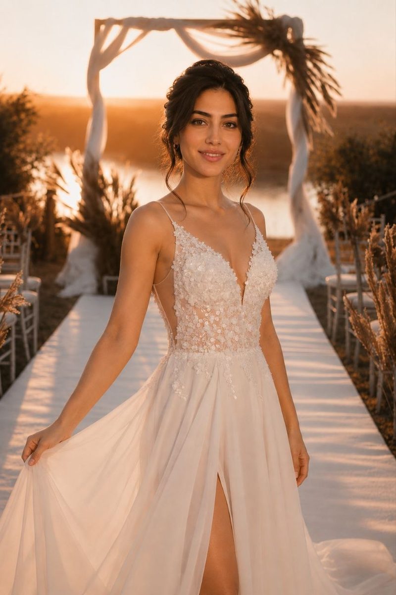 Robe de mariée mousseline fluide, corset perlé — modèle Hélène, vue 2, showroom MADAMOON Paris 10e