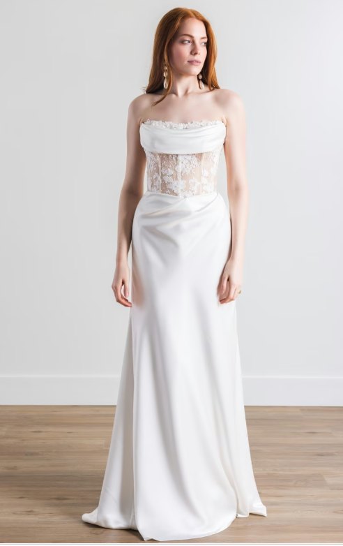 Robe de mariée sirène en charmeuse, corset transparent — Rowan par Watters Designs, showroom MADAMOON Paris 10e
